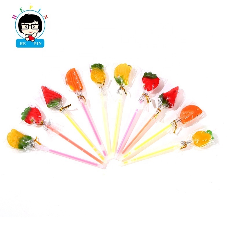 Wholesale Fruit Shape Hard Candy With Light Glow Stick Fruit Flavor Lollipop For Kids