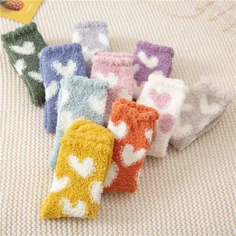 Love Women Cozy Crew Socks Winter Sleep Bed Floor Home Fluffy Socks Coral velvet Heart Pattern Fuzzy Christmas Coral Fleece Sock