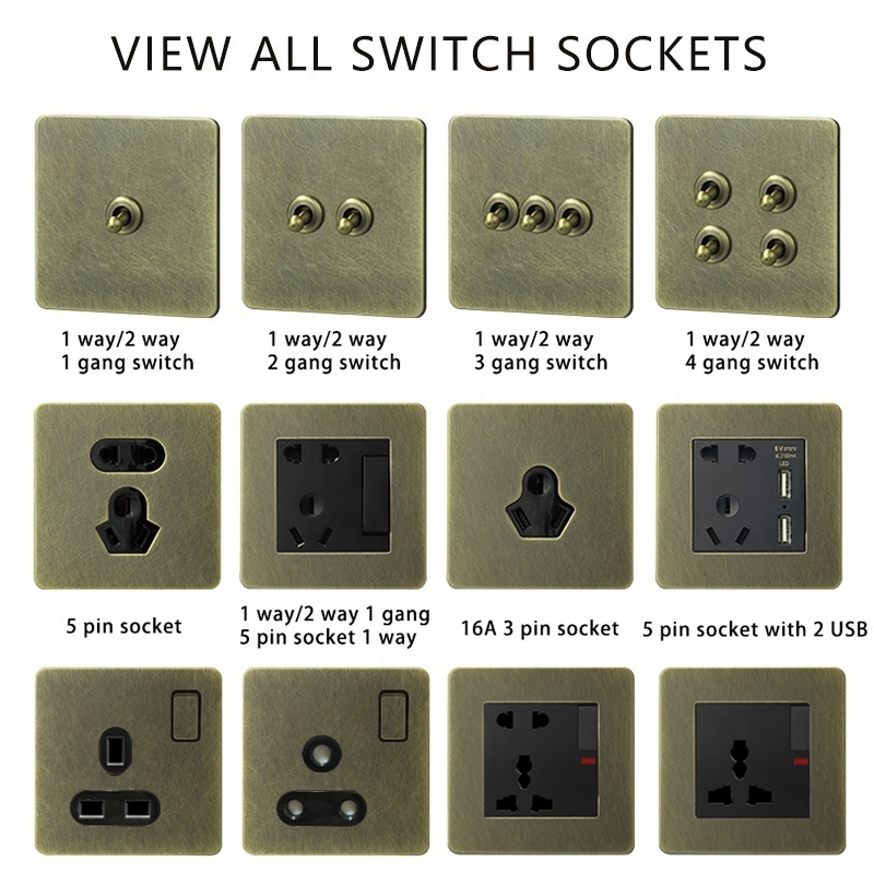 Factory Customization UK brass toggle Switches and Wall+ sockets for homes modular light USB gang cover electric dimmer