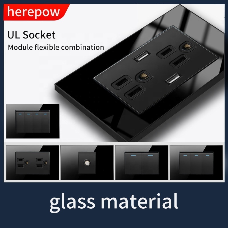 US double wall socket glass panel and switches plug universal electric power standard dual usb 3pin outlet Canada