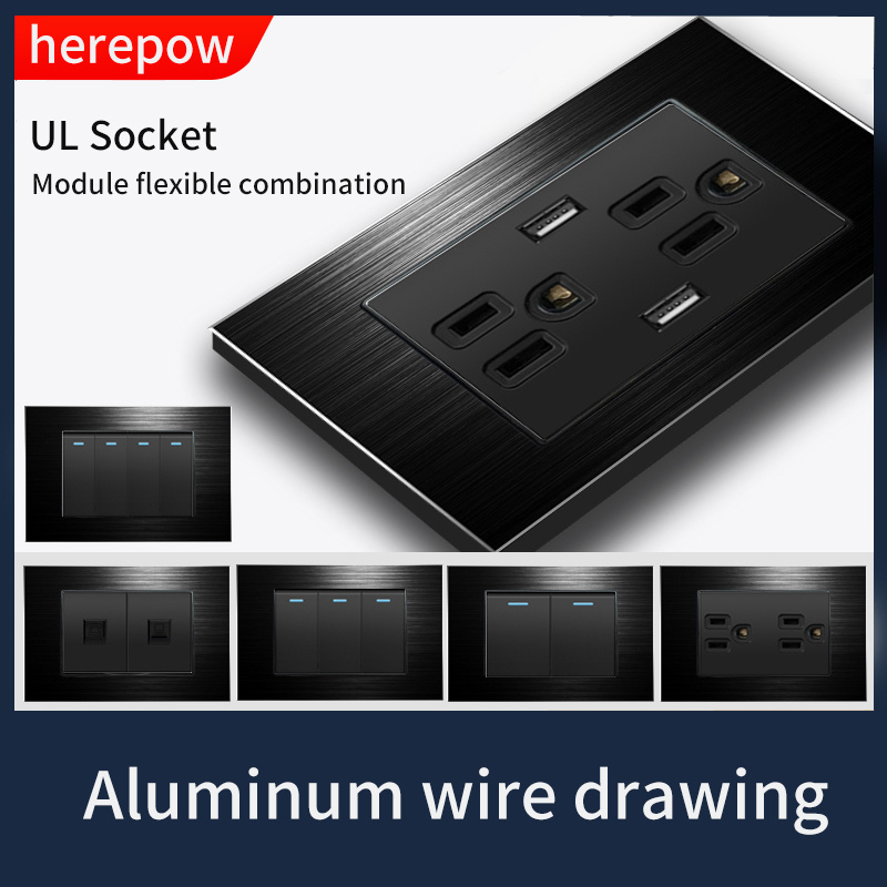 US standard wall switches black Aluminum wire drawing gold  electrical wall socket light motion sensor mexico japan modular