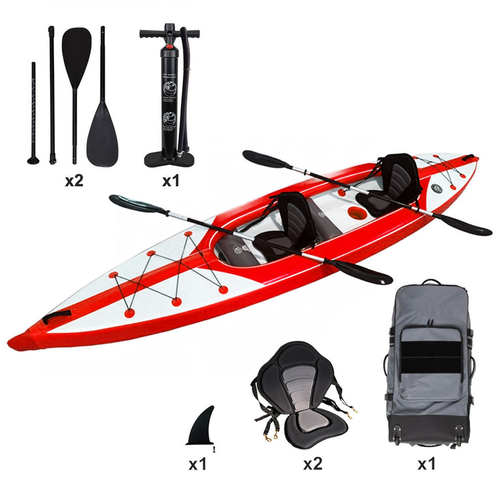 2 Person Drop Stitch Inflatable Fishing Kayak Factory Directly Customized PVC Tarpaulin Kayak 2 Person Sit in Long Ocean 180kg