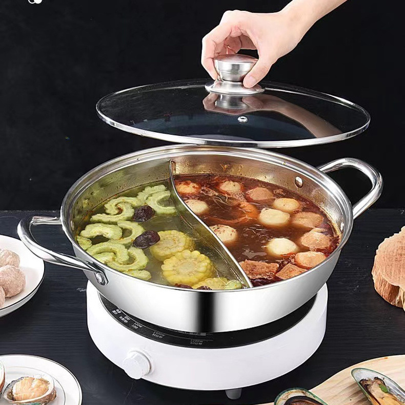 Restaurant Induction Soup Pot Metal Stainless Steel Casserole Shabu Divider Kitchenware 32cm Hot Pot