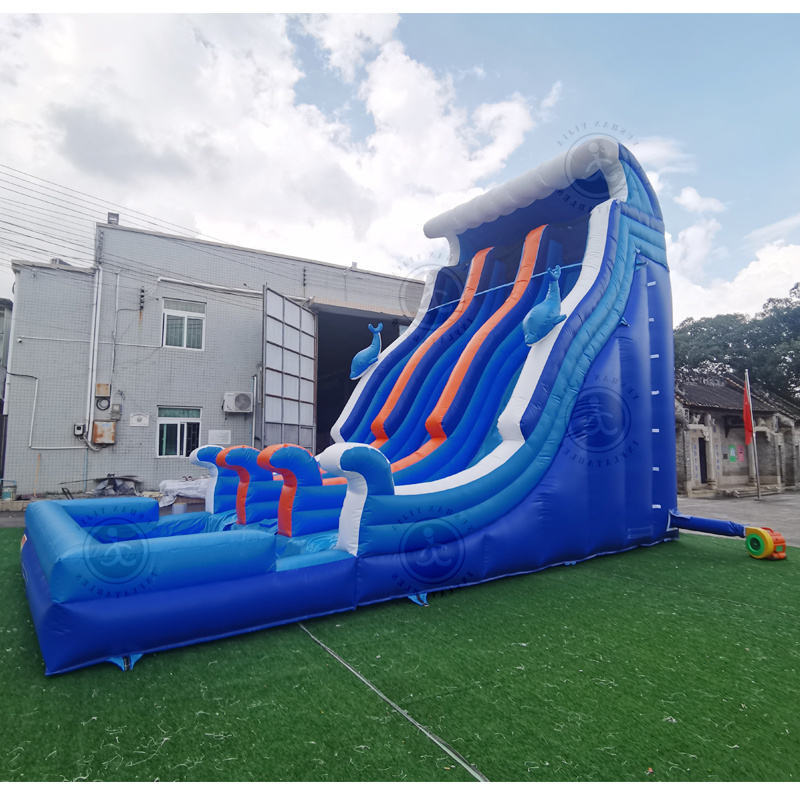 Outdoor Customized Blue Water Slide Three-Slides Inflatable Water Slide With Swimming Pool  For Sale