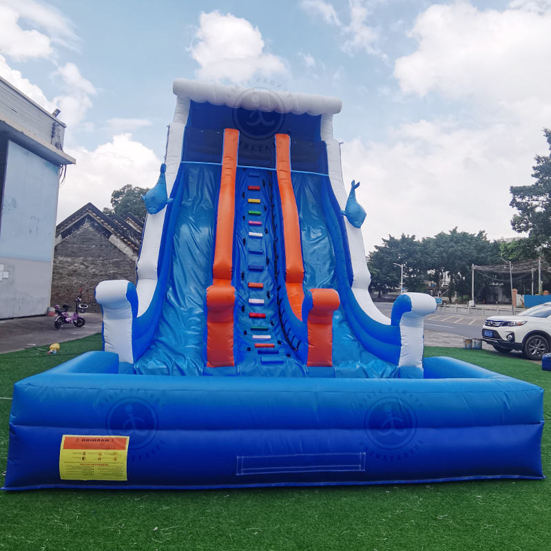 Outdoor Customized Blue Water Slide Three-Slides Inflatable Water Slide With Swimming Pool  For Sale