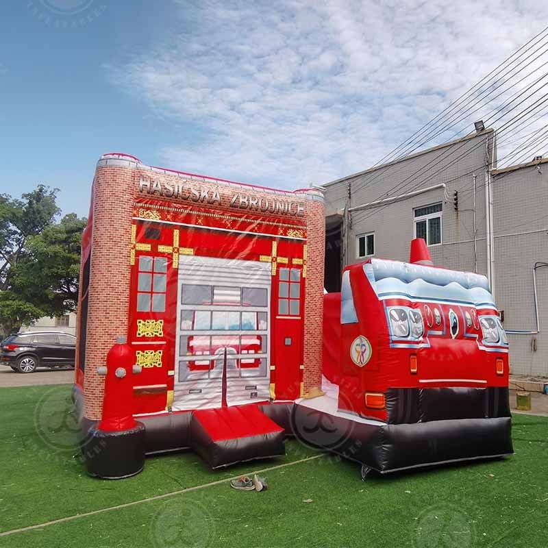 Giant Kids Fire Truck Toy Amazing Big Red Bounce House Construction Fire Monster Truck inflatable Dry Slide For Sale