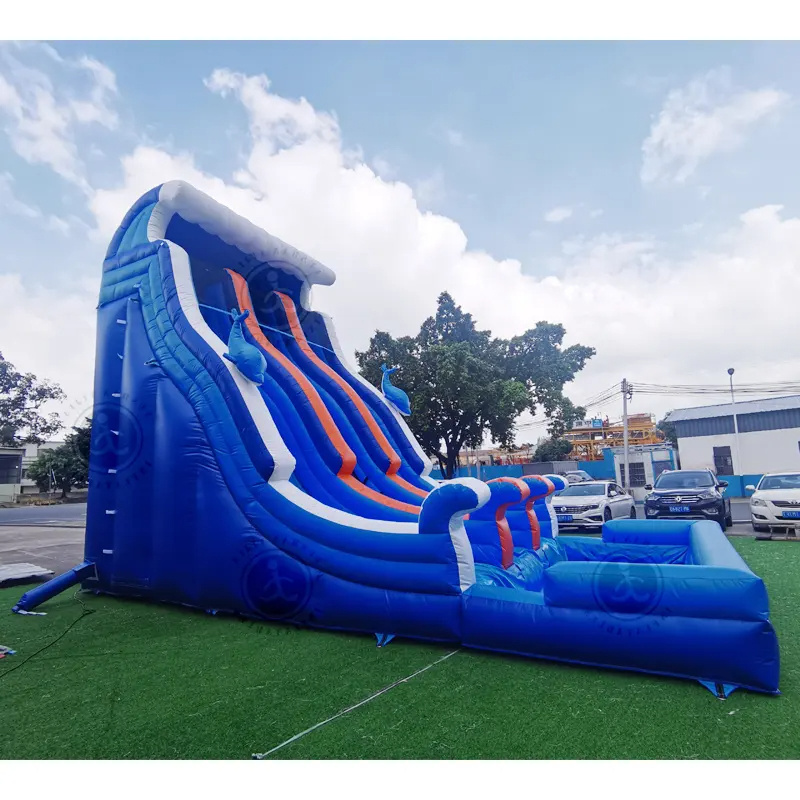 Outdoor Customized Blue Water Slide Three-Slides Inflatable Water Slide With Swimming Pool  For Sale