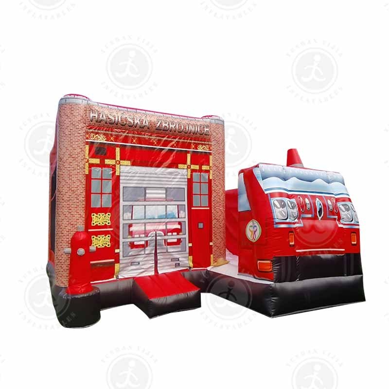 Giant Kids Fire Truck Toy Amazing Big Red Bounce House Construction Fire Monster Truck inflatable Dry Slide For Sale