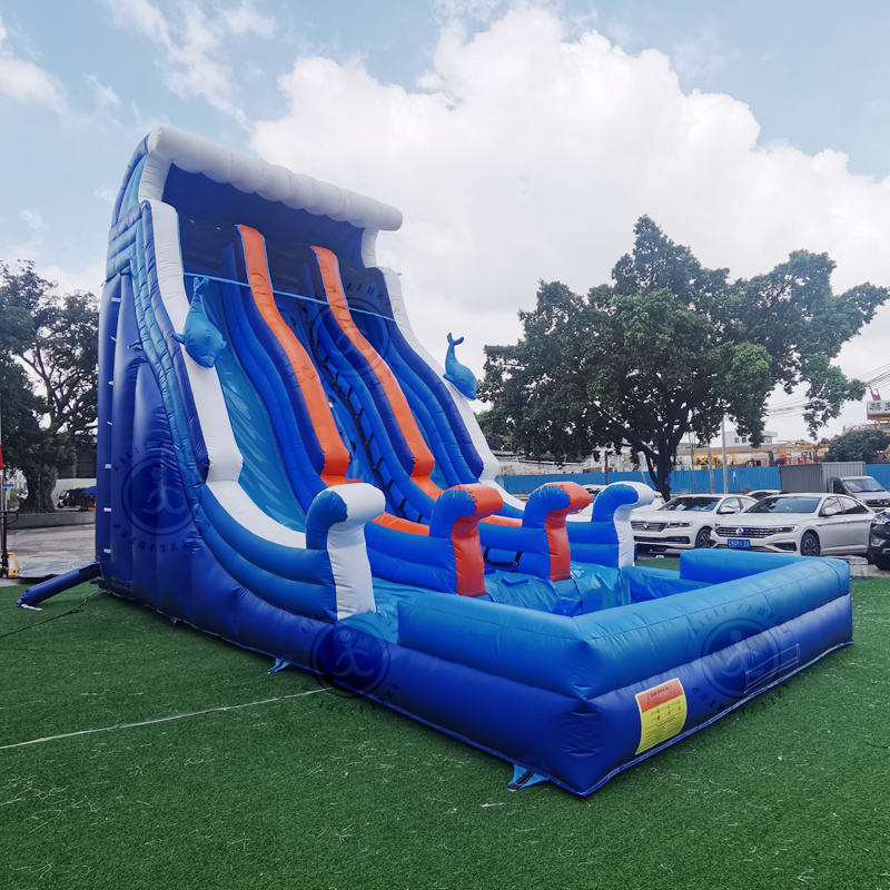 Outdoor Customized Blue Water Slide Three-Slides Inflatable Water Slide With Swimming Pool  For Sale