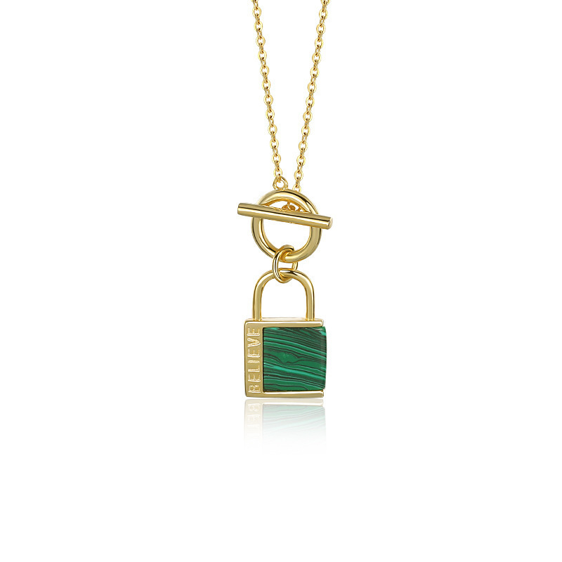 Solid 925 Sterling Silver Padlock Necklace O Chain With Toggle Clasp and Malachite Lock Charm