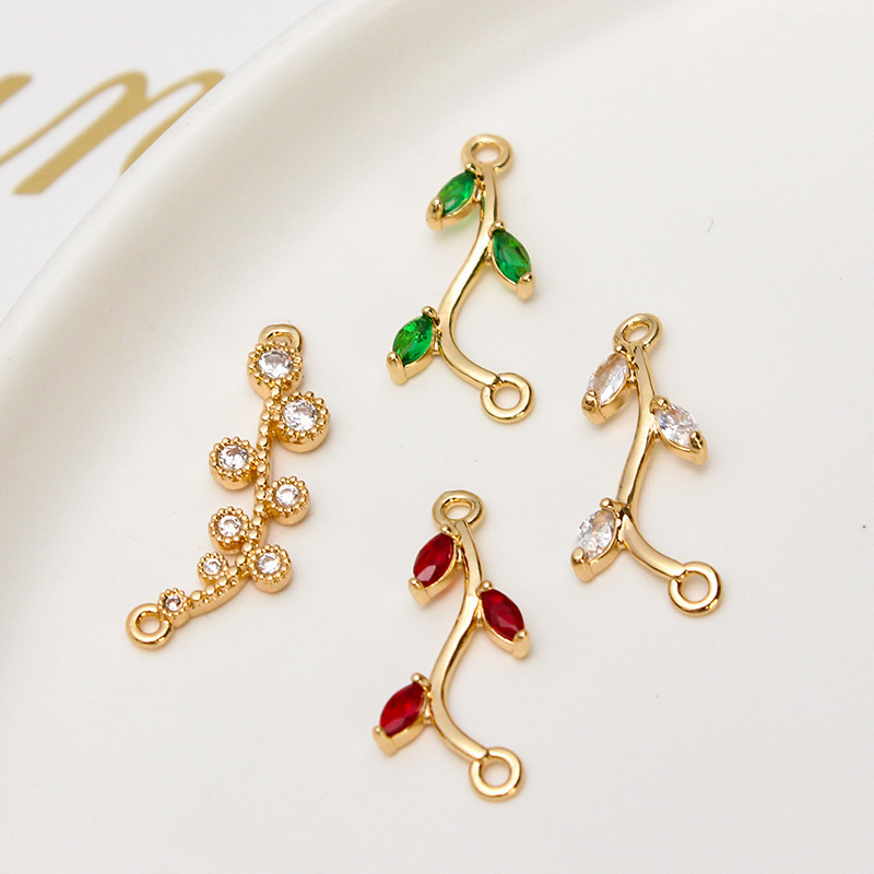 Tiny Brass Gold Plated CZ Pave Umbrella Rattan Branch Charm Connector for Jewelry Making Supplies