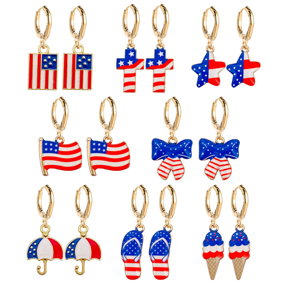 Unique American Independence Day Hoop Earring Party Usa Flag Stripe Star Cross Bow Slippers Ice Cream Umbrella Pendant Earrings