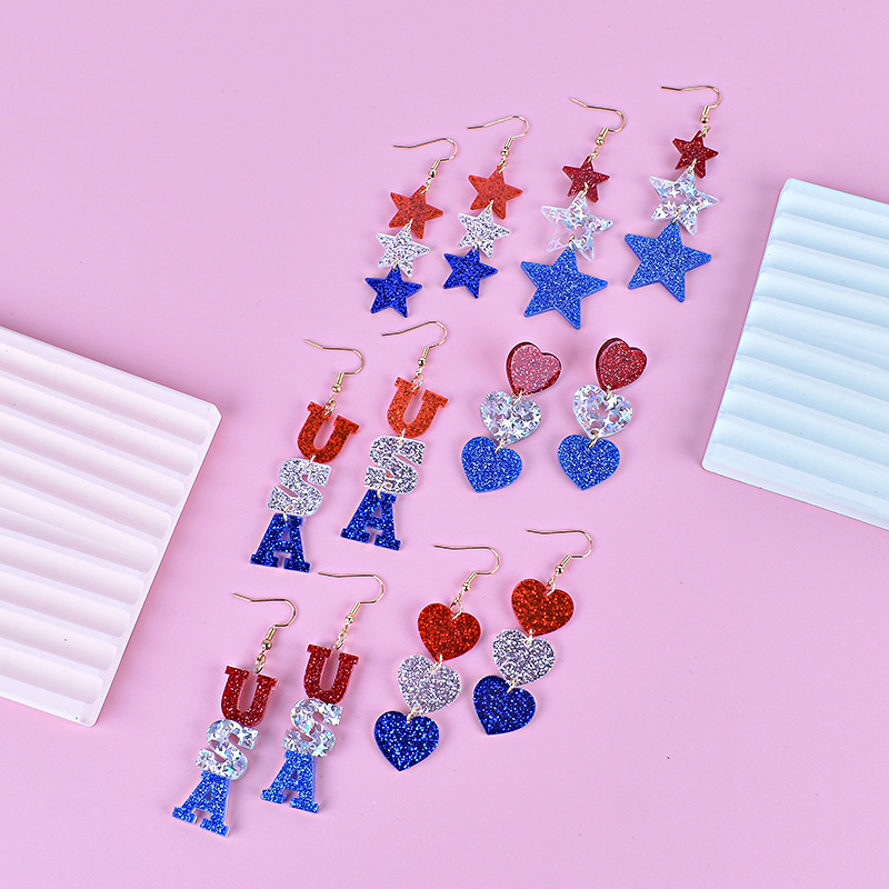 New Red White Blue Stripes Flag Love Five Pointed Star Usa Letter Pendant Earrings For Usa Independence Day Jewelry