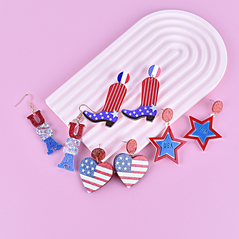 New Red White Blue Stripes Flag Love Five Pointed Star Usa Letter Pendant Earrings For Usa Independence Day Jewelry