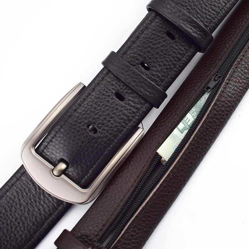 YB084 Unisex Black Genuine Leather Pin Buckle Belt With Hidden Zip Secret Pocket Layer Zippered Belt for Travel Leather Belts