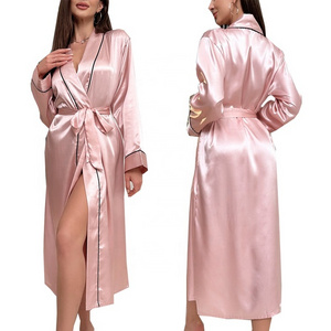 wholesale long sleeve piping blank solid color silk satin kimono robes women