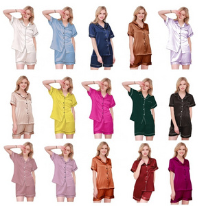 Wholesale classic solid color short silky satin pajama shorts pajamas set