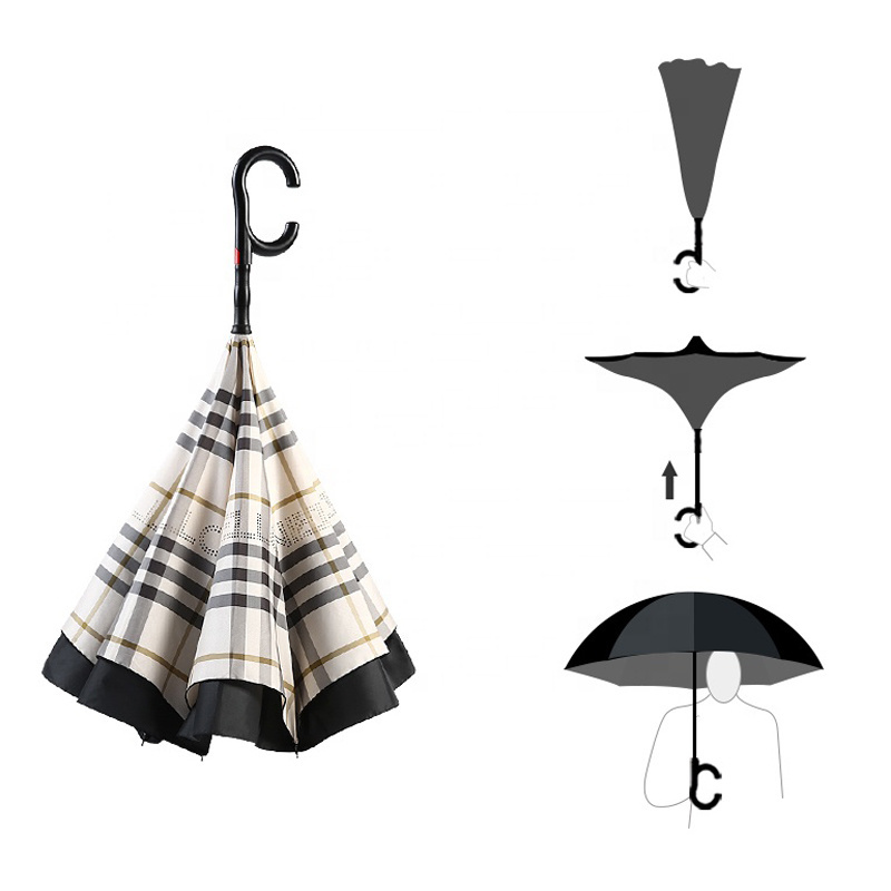 Classic retro style striped print double layer reverse umbrella travel windproof umbrella for adults