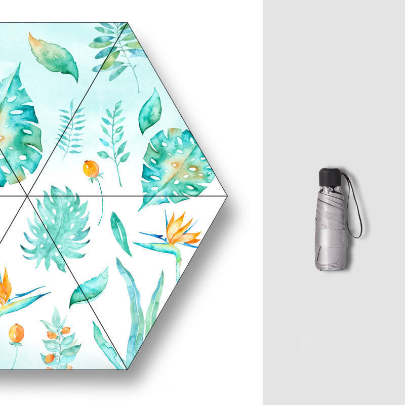 Green Leaf Printing Mini Pocket Rain Umbrella Five Folding Sun Protective Umbrella For Summer