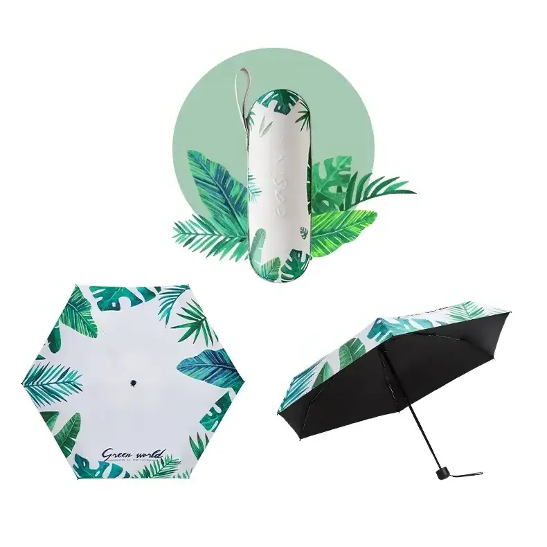 Summer green plant print 5 fold umbrella UV protection fresh style manual folding beach umbrella