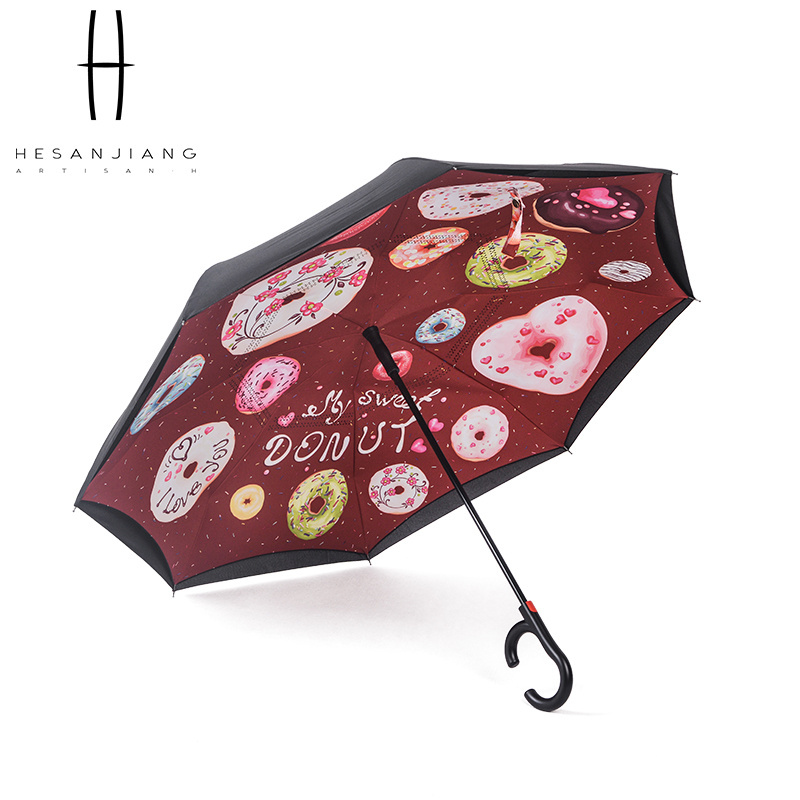 Sublimated printed automatic reverse umbrella hands free double layer reversible inverted umbrella with c handle