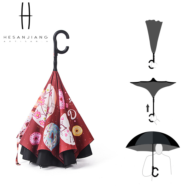 Sublimated printed automatic reverse umbrella hands free double layer reversible inverted umbrella with c handle