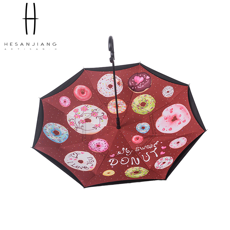 Sublimated printed automatic reverse umbrella hands free double layer reversible inverted umbrella with c handle