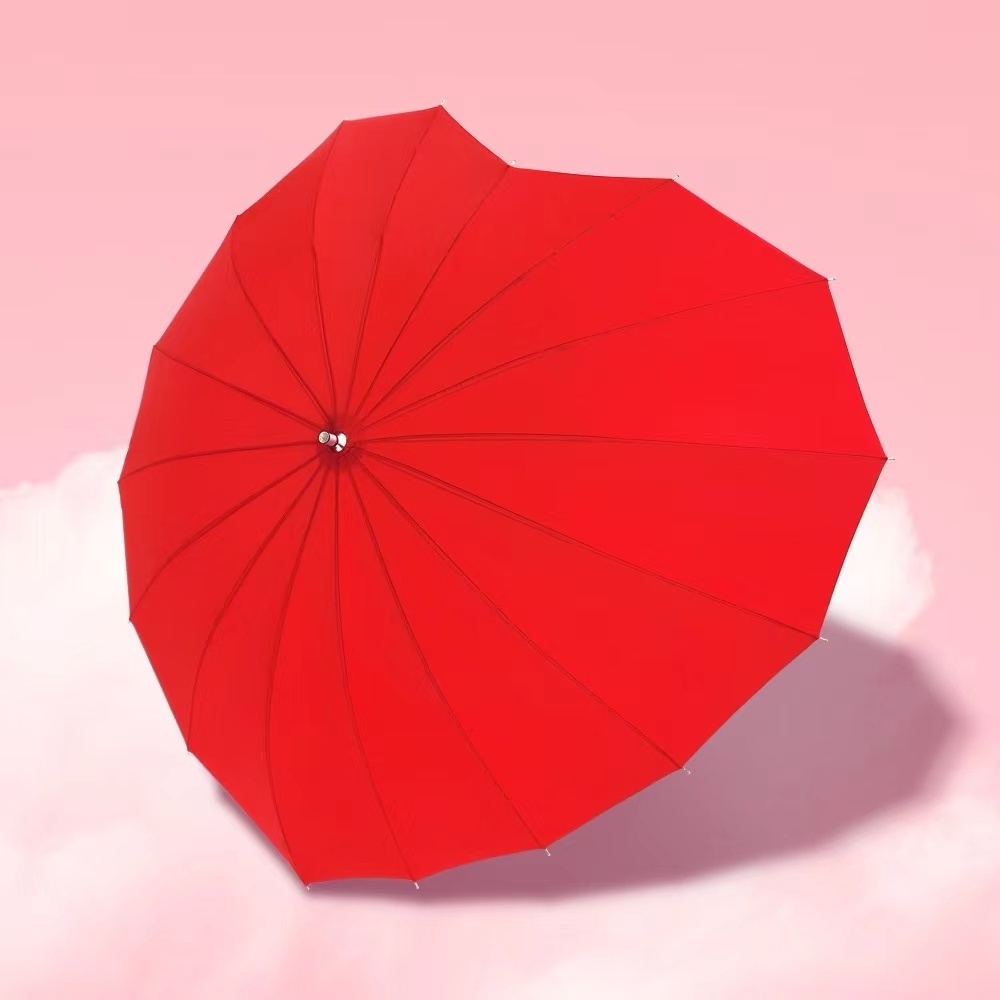 Wholesale magic umbrella red heart shape changing color umbrella with hook wooden handle for giveaways