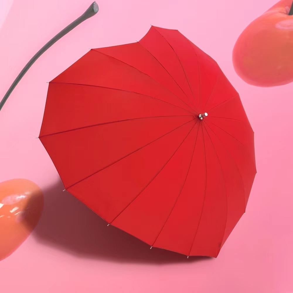 Wholesale magic umbrella red heart shape changing color umbrella with hook wooden handle for giveaways