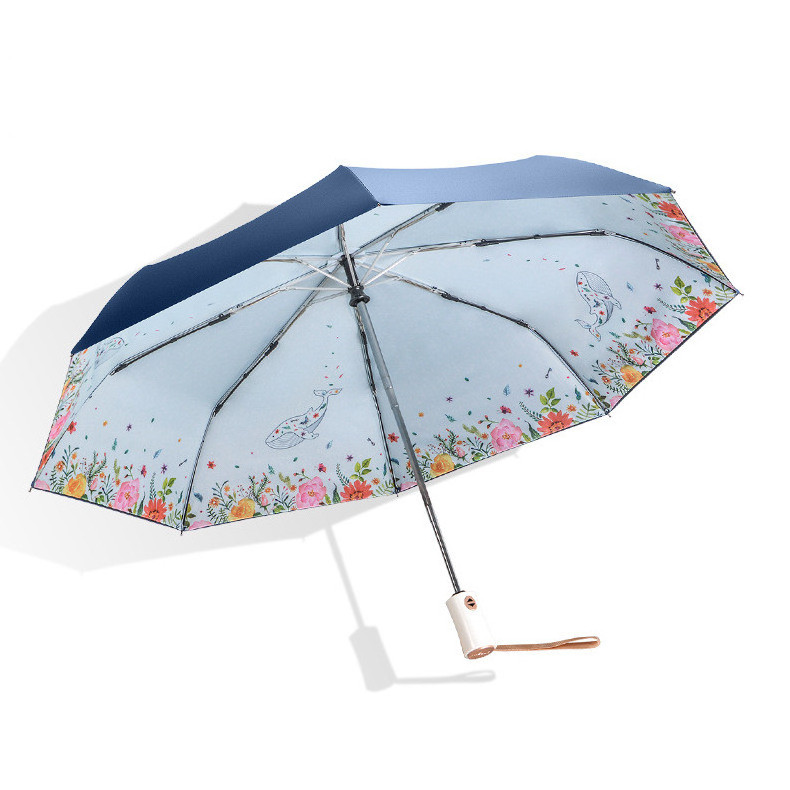 Double layer custom logo automatic telescopic foldable umbrella 3 folding umbrellas with black UV coating