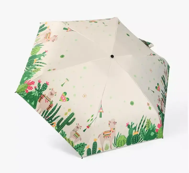 Cute green plants print mini pockets umbrella anti-uv 5 folding manual open umbrella with custom logo