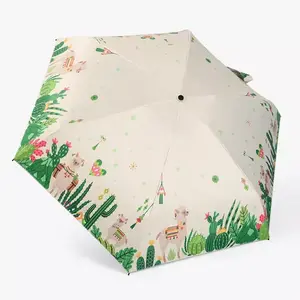 Cute green plants print mini pockets umbrella anti-uv 5 folding manual open umbrella with custom logo