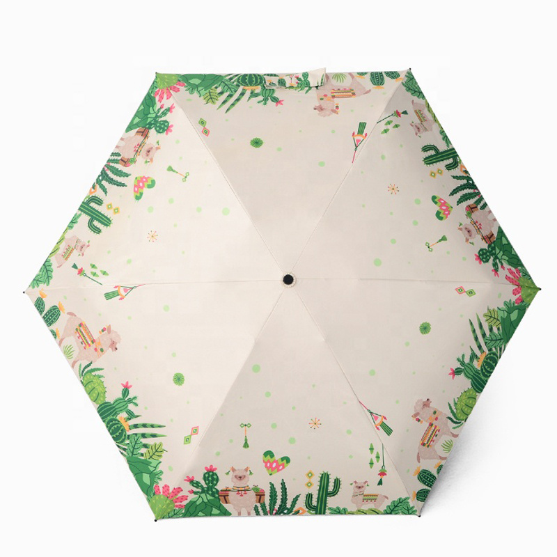 Cute green plants print mini pockets umbrella anti-uv 5 folding manual open umbrella with custom logo