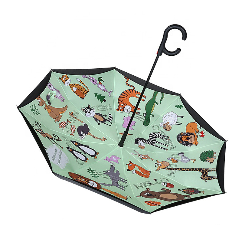 cartoon animal print auto open close reverse  umbrella hands free no drip inverted umbrella with c shape handle