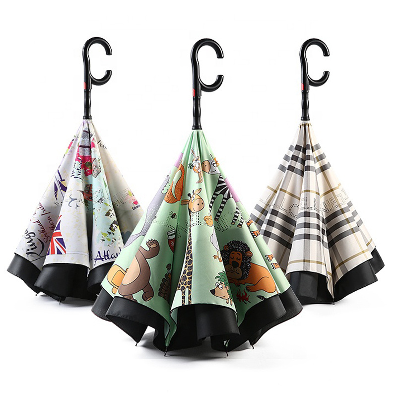 cartoon animal print auto open close reverse  umbrella hands free no drip inverted umbrella with c shape handle