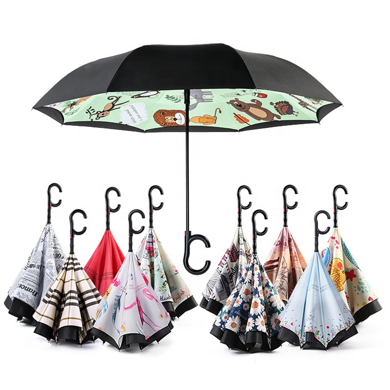 cartoon animal print auto open close reverse  umbrella hands free no drip inverted umbrella with c shape handle