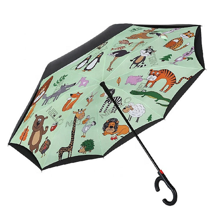 cartoon animal print auto open close reverse  umbrella hands free no drip inverted umbrella with c shape handle