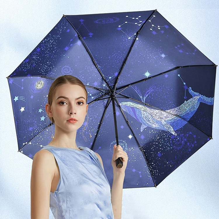 Blue whale anti-uv walking sun umbrella manual open rain umbrella with logo prints custom made