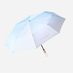 Light sky blue foldable umbrella wood handle manual open 3 fold custom umbrella with logo printing