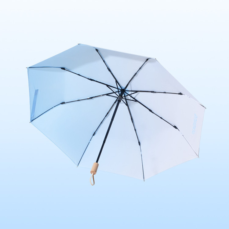 Light sky blue foldable umbrella wood handle manual open 3 fold custom umbrella with logo printing