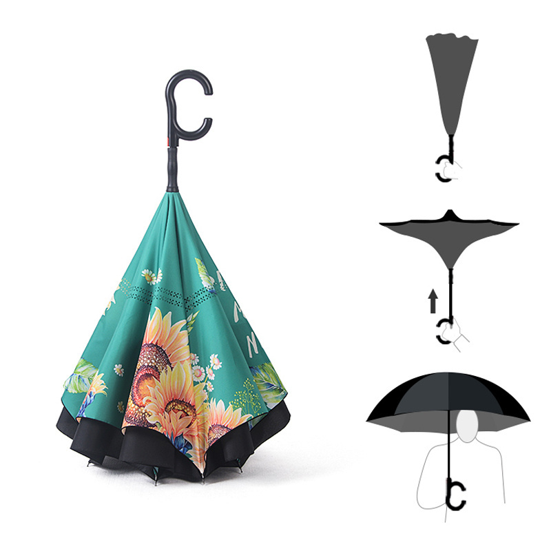 Sunflower Printing Upside Down Umbrella Hands Free Windproof Inverted Reverse Umbrella