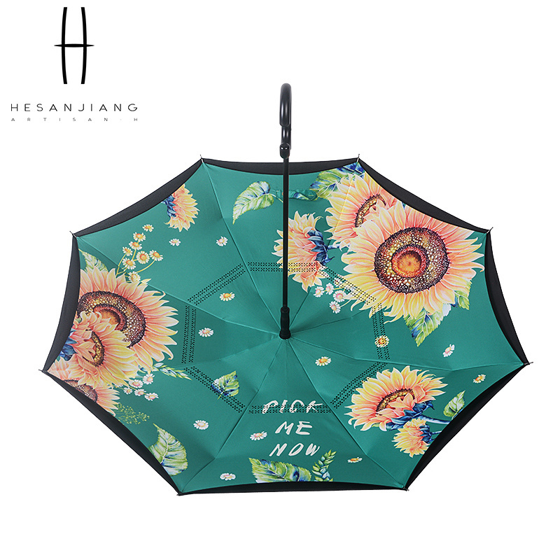 Sunflower Printing Upside Down Umbrella Hands Free Windproof Inverted Reverse Umbrella