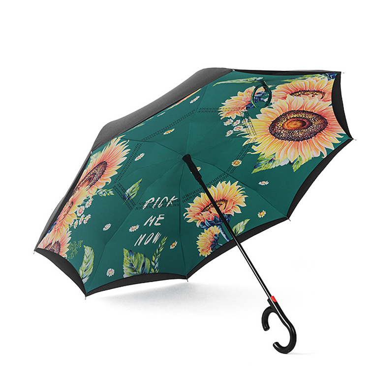 Sunflower Printing Upside Down Umbrella Hands Free Windproof Inverted Reverse Umbrella