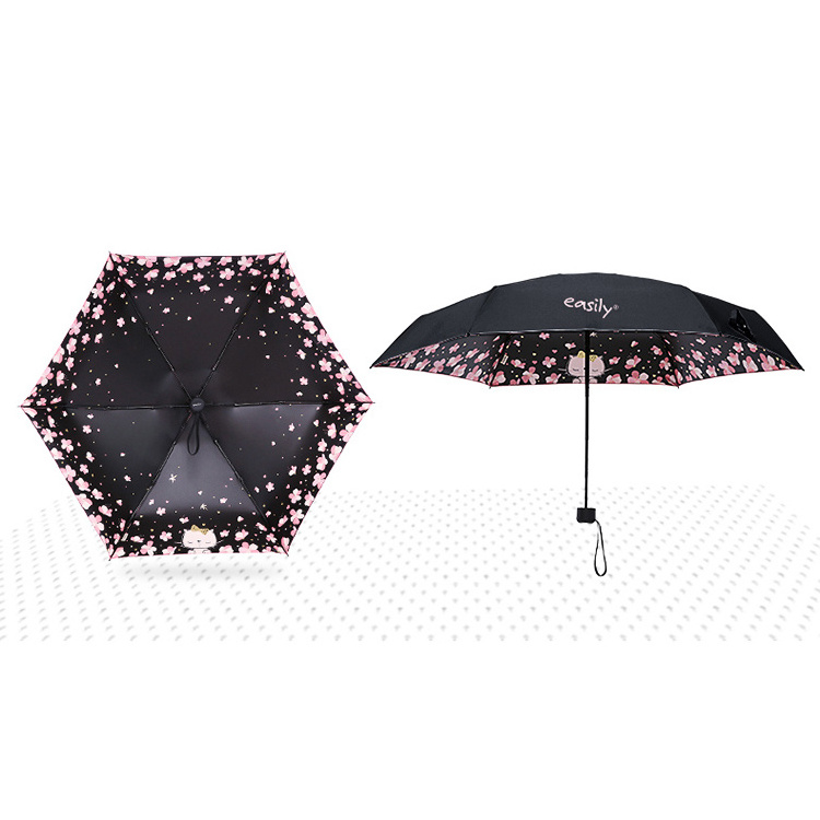 Cherry blossoms printing mini portable umbrella sun protected  5 folding pockets sun umbrella for summer