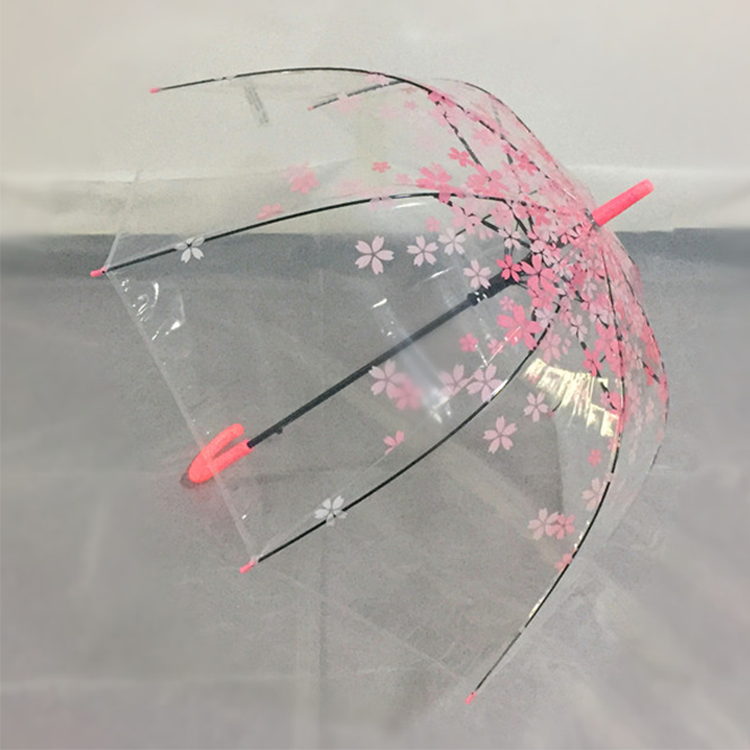 Pink Flower Pattern Clear Golf Umbrella Custom Design Transparent Bubble Umbrella With Hook Handle