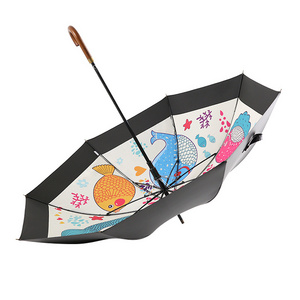 Funny Fish Pattern Golf Umbrella Long Handle Double Canopy Windproof Golf Umbrella For Children