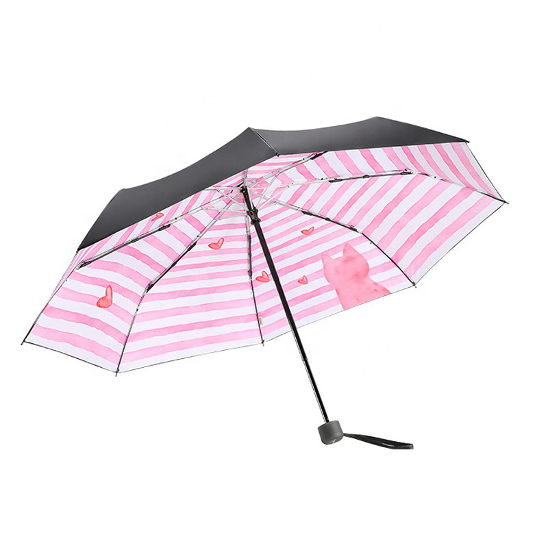 Cute Cartoon Pink Cat Printing Best Foldable Umbrella Small Compact 3 Folding Umbrella For Girls