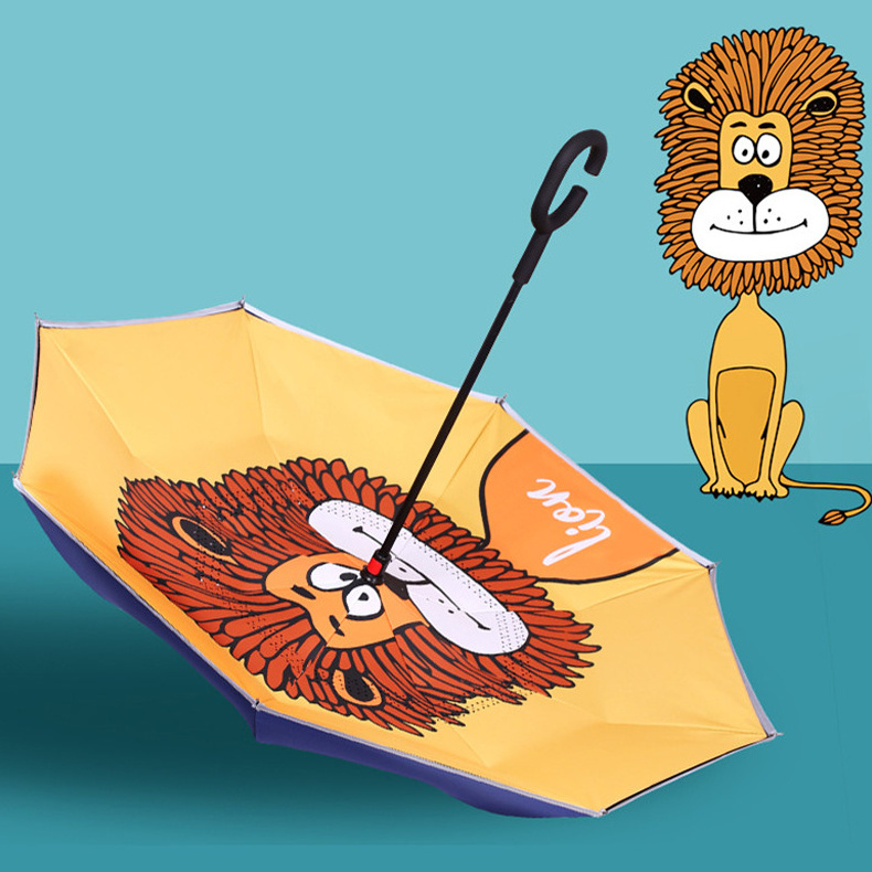 Cartoon Lion Printing Double Layer Reverse Umbrella Cute Inverted Umbrella With C Shape Handle For Kid