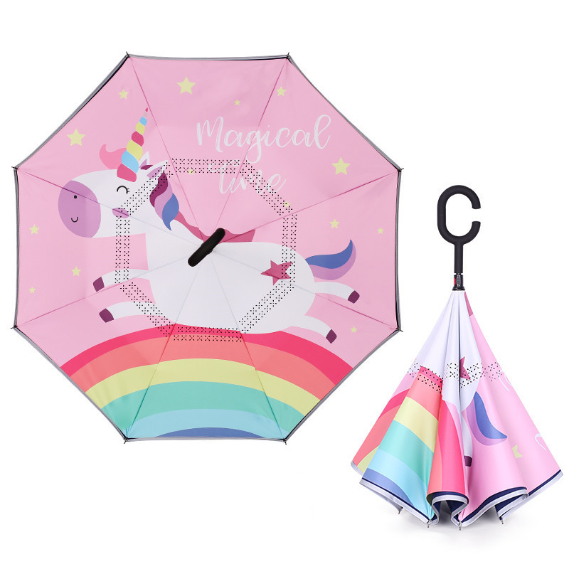 Cartoon Lion Printing Double Layer Reverse Umbrella Cute Inverted Umbrella With C Shape Handle For Kid