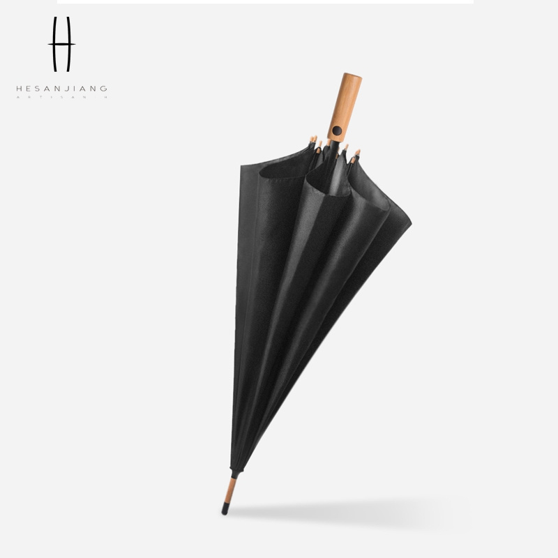 High quality black wooden handle straight umbrella custom logo large automatic umbrella for men